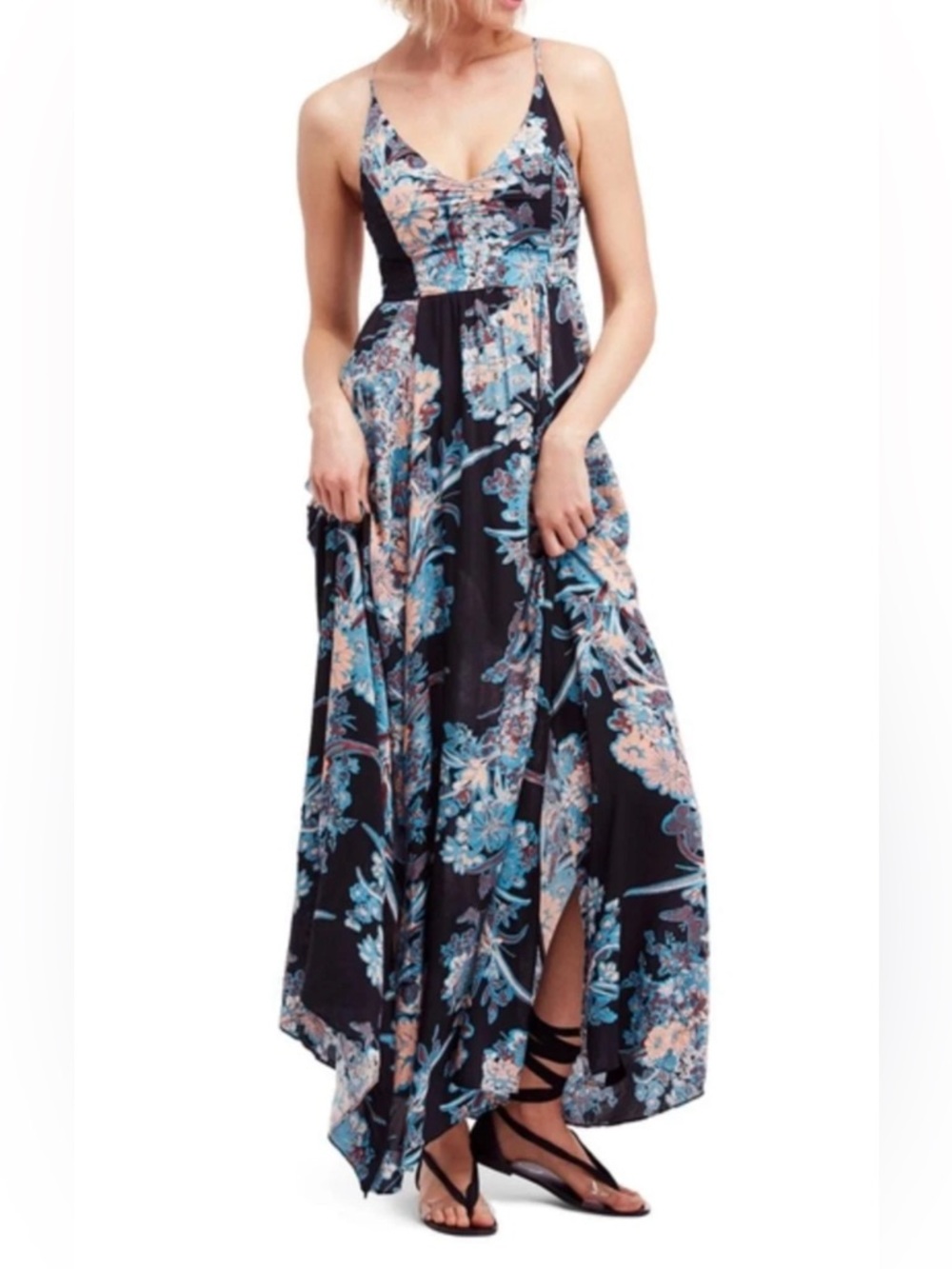 Free People XS Through The Vine Floral Smocked Side Slit Maxi Dress NWOT